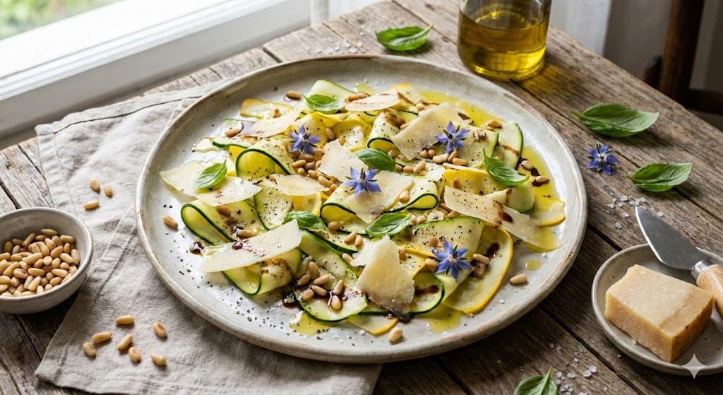 Carpaccio de dovlecei cu parmezan și semințe de pin crocante