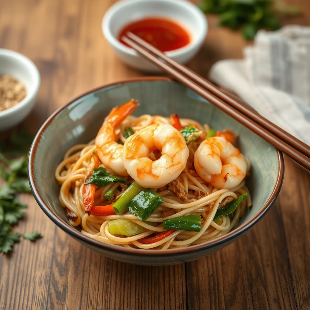 Tăiței Asiatici cu Creveți și Legume Crocante